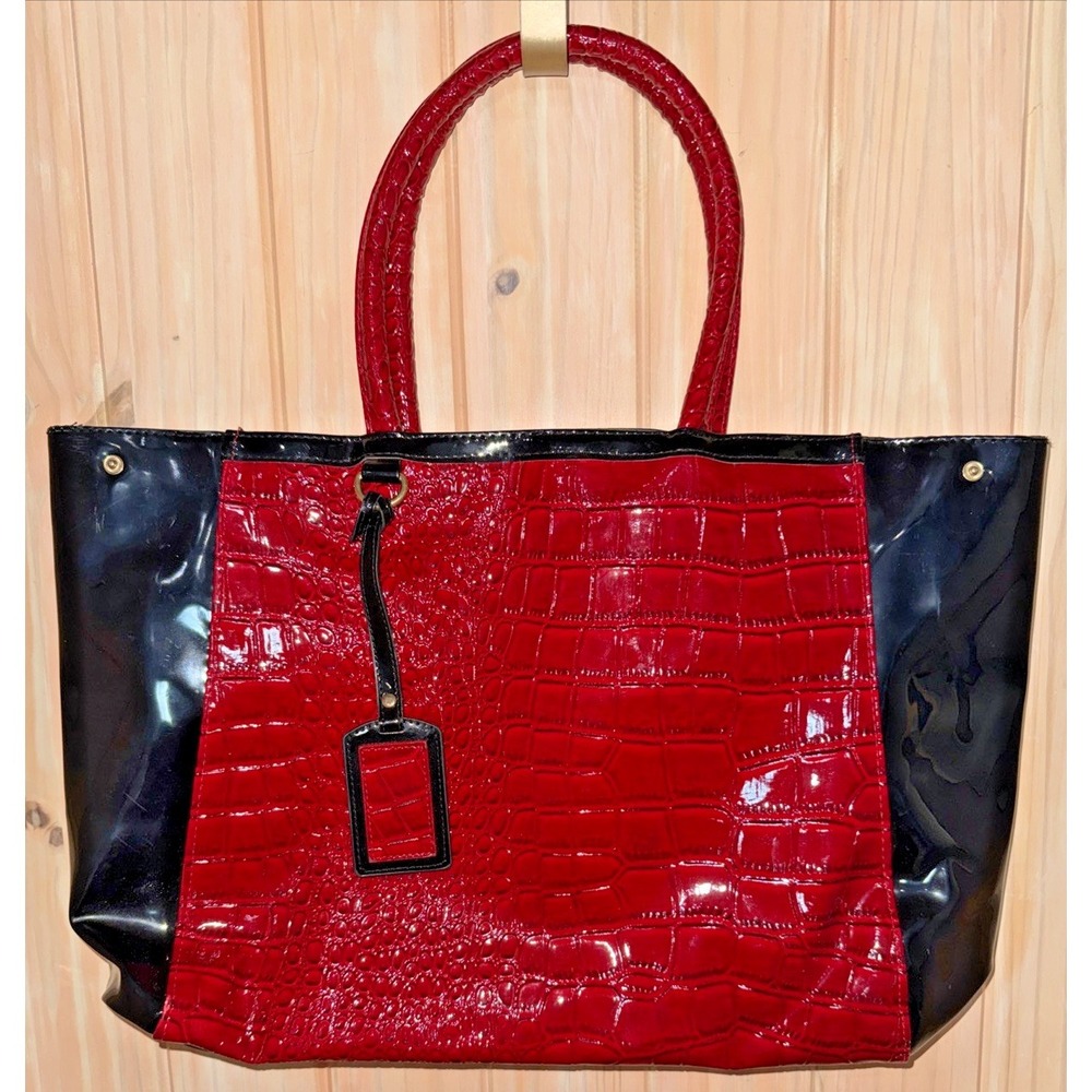 Red Black Patent Tote Bag Croc Embossed Handbag Glossy Women NWOT 14x13